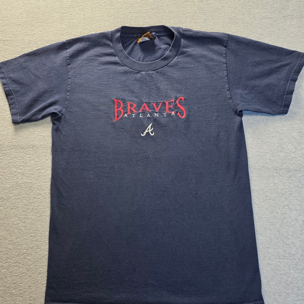 Atlanta Braves 90s Vintage Nutmeg Mills T-Shirt Mens Medium Navy Blue MLB USA